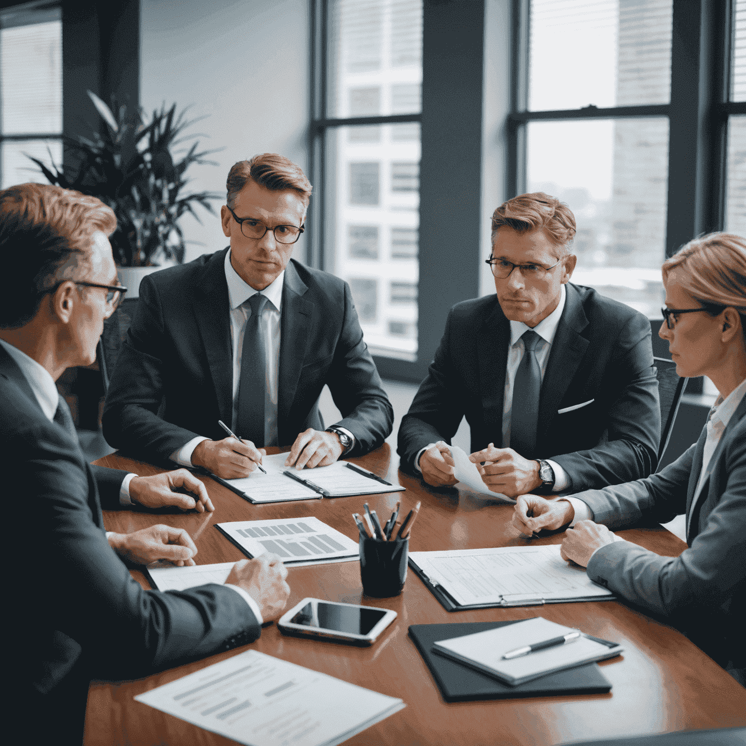 A group of financial advisors discussing investment strategies around a conference table. The advisors are dressed professionally and have serious expressions, indicating their expertise and dedication to helping clients achieve their financial goals.