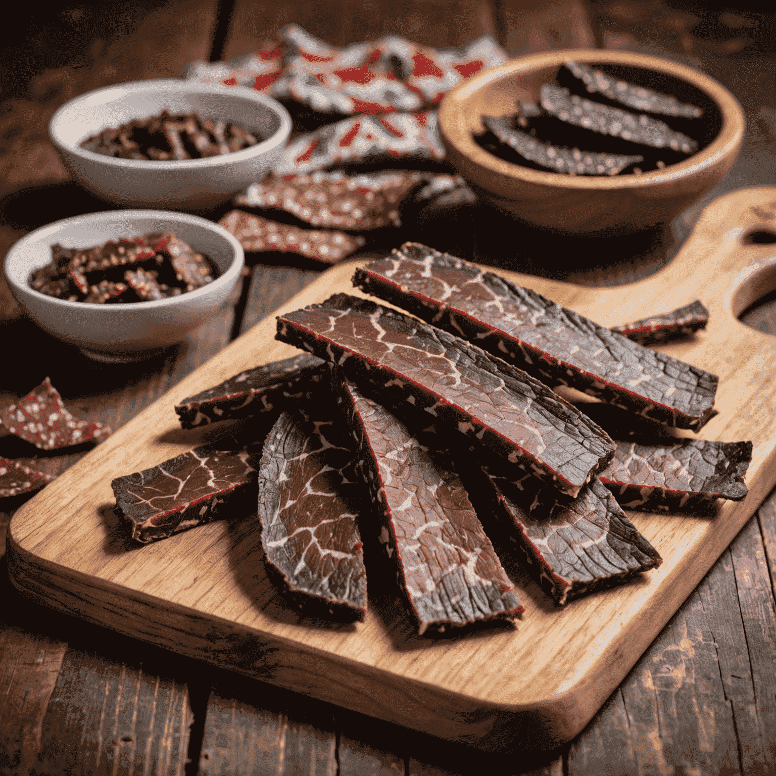 Thin slices of dark red biltong arranged on a rustic wooden cutting board, with a traditional South African patterned cloth in the background