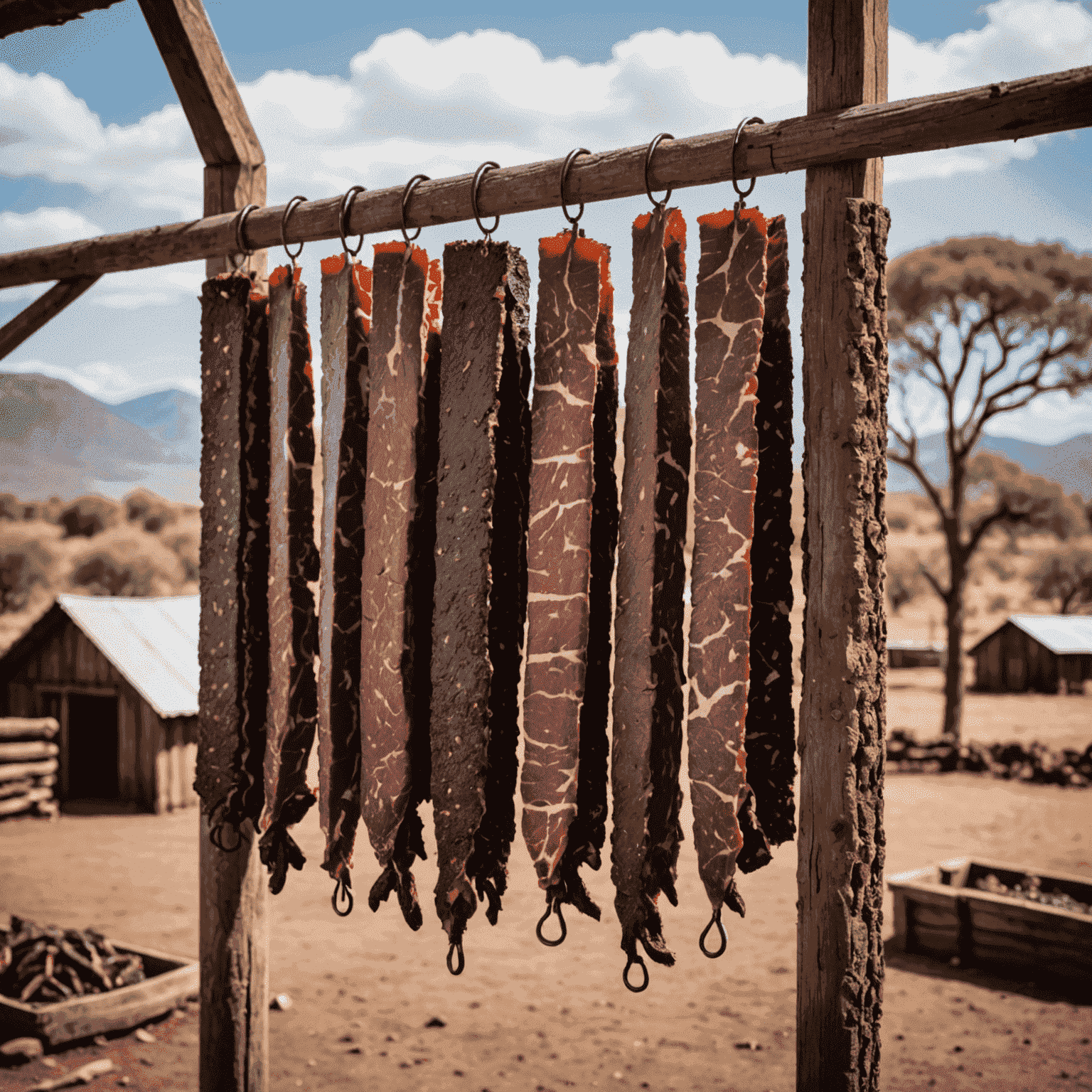 Traditional biltong drying setup with meat strips hanging in a well-ventilated area