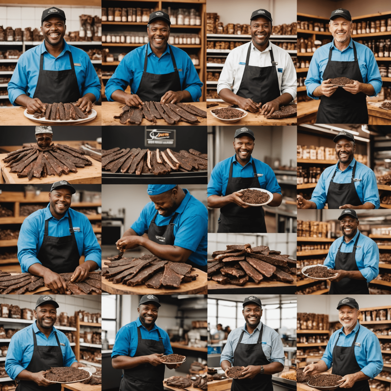 A collage of photos featuring successful biltong entrepreneurs in their shops and factories, showcasing their products and interacting with customers