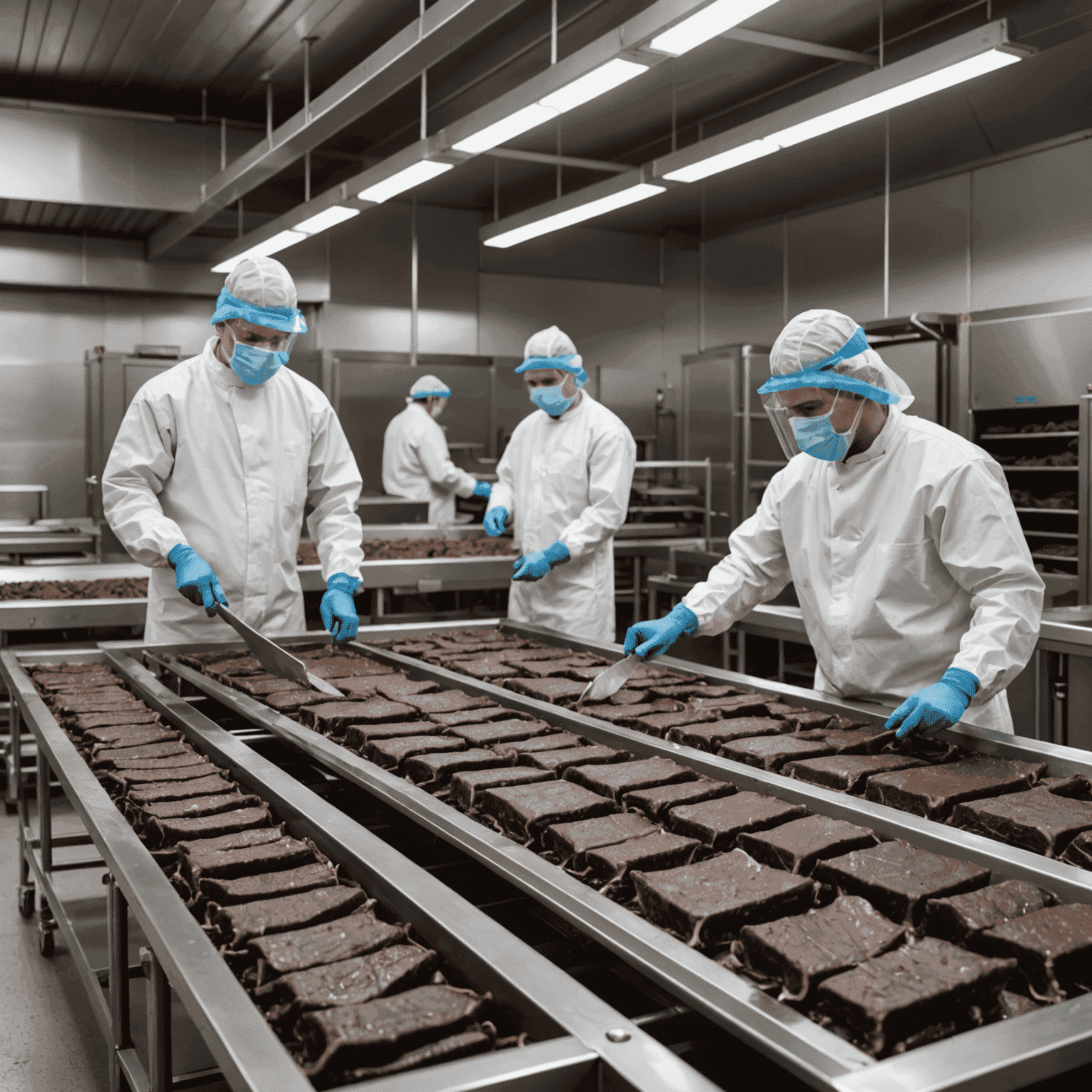 Modern biltong production facility with stainless steel equipment and workers in protective clothing