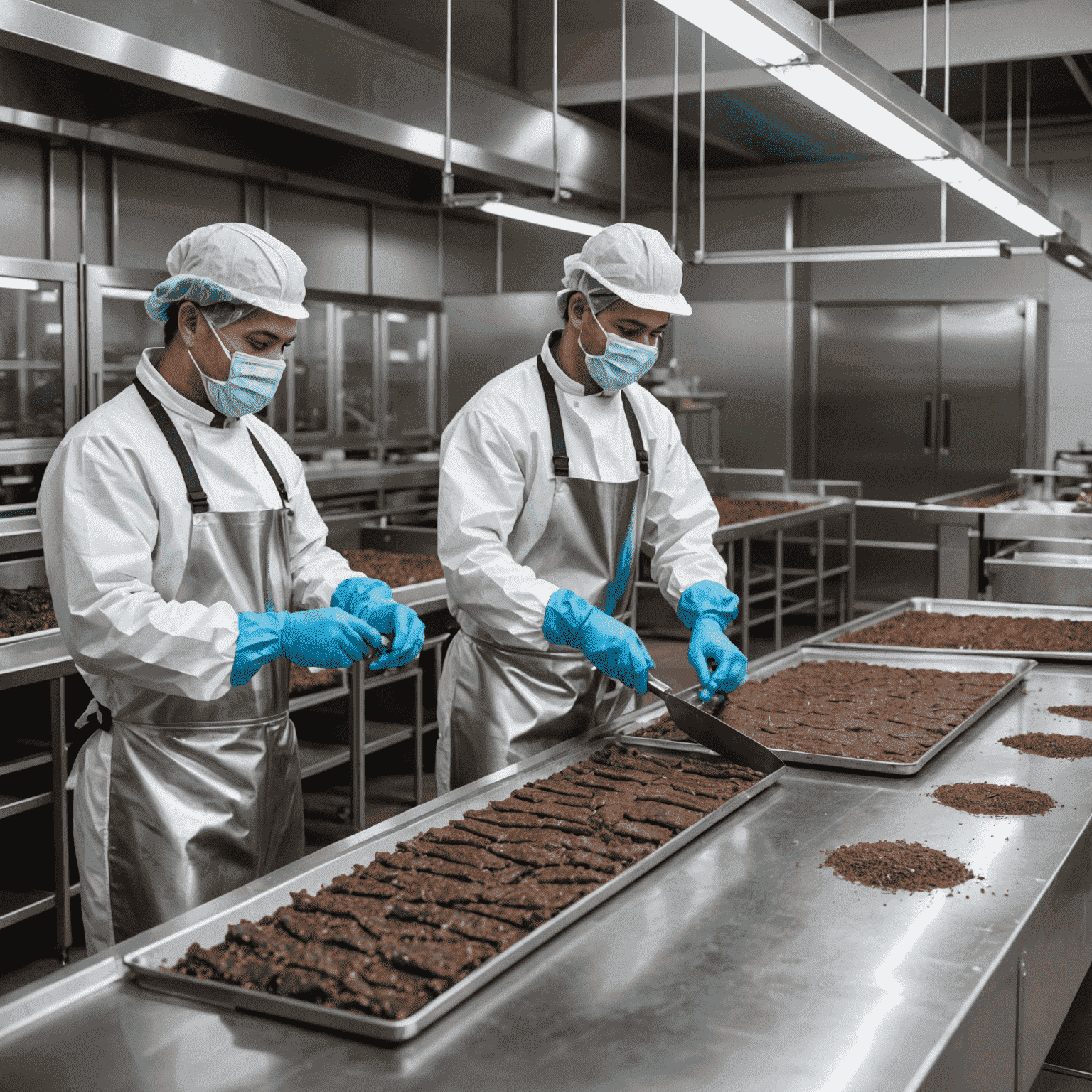 Modern biltong production facility with stainless steel equipment and workers in protective clothing