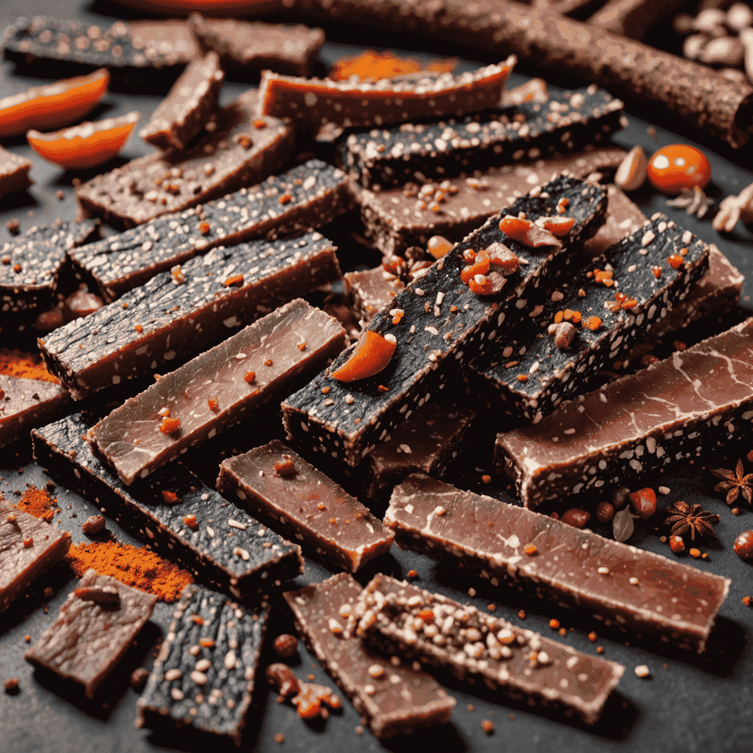 Close-up photo of various biltong slices and pieces in different flavors and spice rubs, showcasing the variety of recipes that can be developed