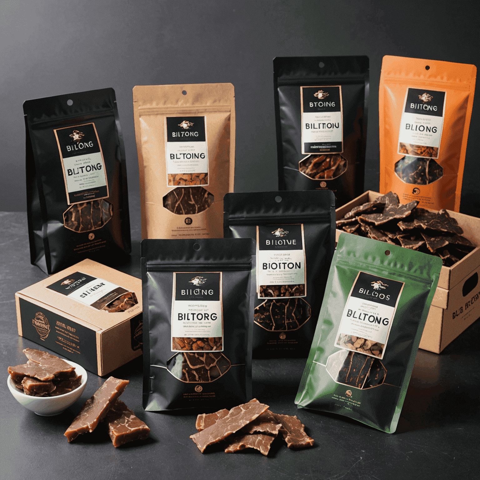 A variety of biltong packaging options, including vacuum-sealed bags, resealable pouches, and attractive boxes designed to showcase the premium quality of the biltong inside.