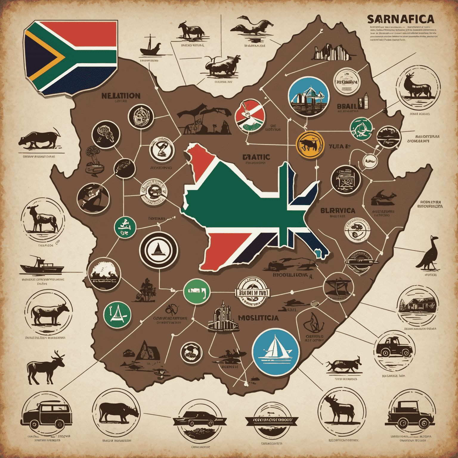 Illustration of a map with South Africa highlighted, surrounded by icons representing regulations, logistics, and market entry strategies for exporting biltong