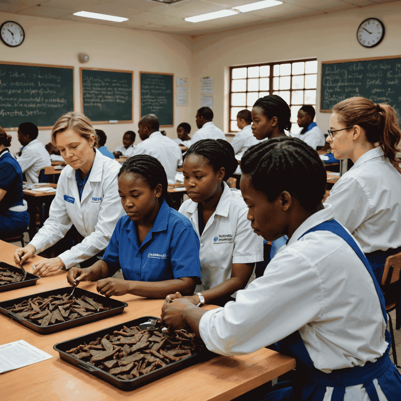 A group of people in a classroom setting learning about biltong production, food safety, and quality control