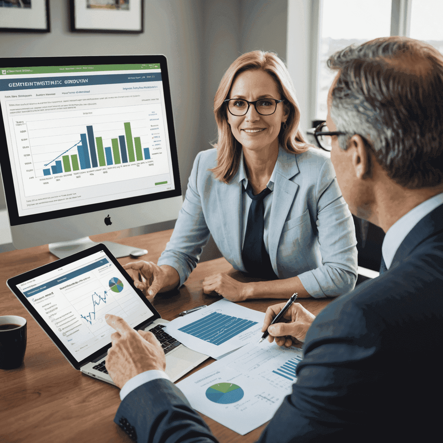 A financial advisor discussing a financial plan with a client. The advisor is pointing to a chart showing the client's investment growth over time, while the client listens attentively.