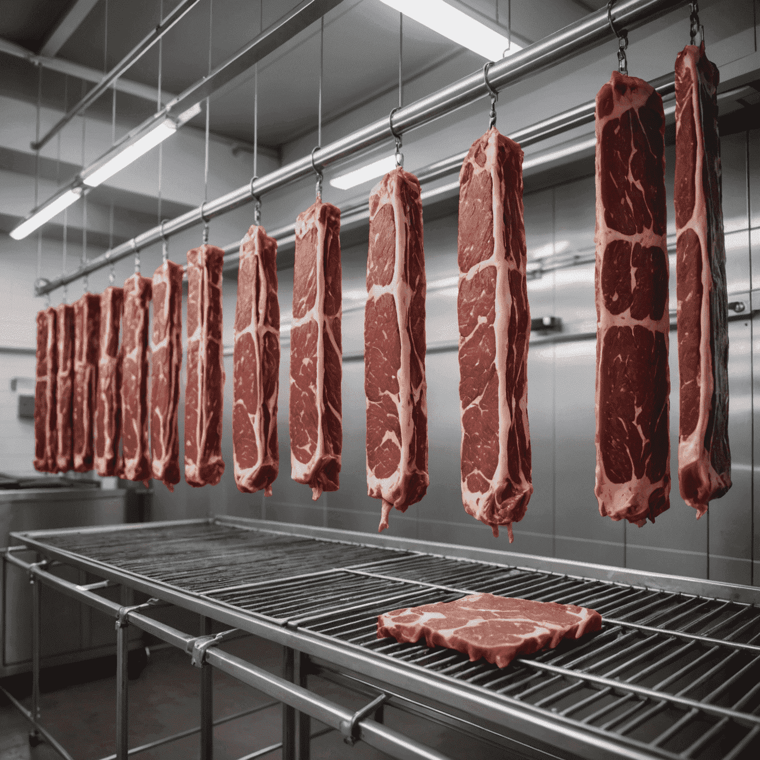 Strips of raw meat hanging on metal racks in a temperature-controlled drying room, with fans circulating air to aid in the drying process