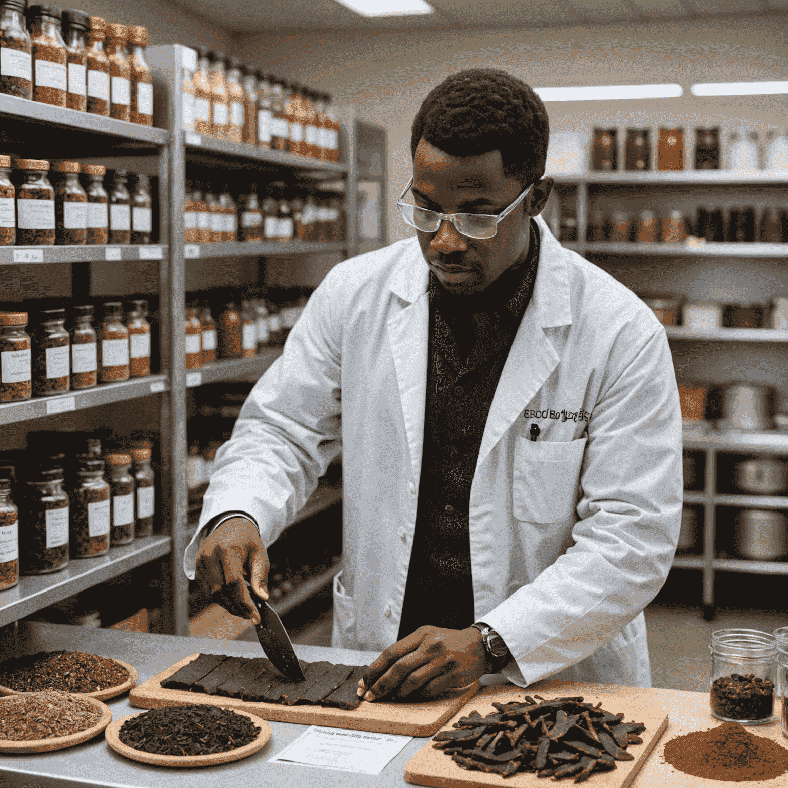 Food technologist working in a lab to develop new biltong recipes, measuring spices and testing samples