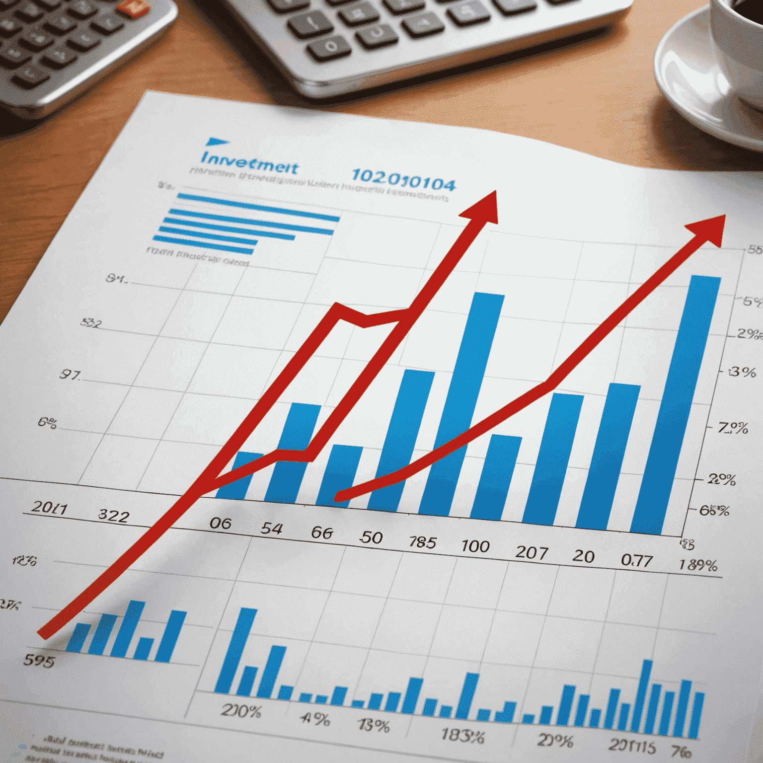 A graph showing an upward trending line, representing successful investment growth. In the background, there are images of various financial instruments such as stocks and bonds.