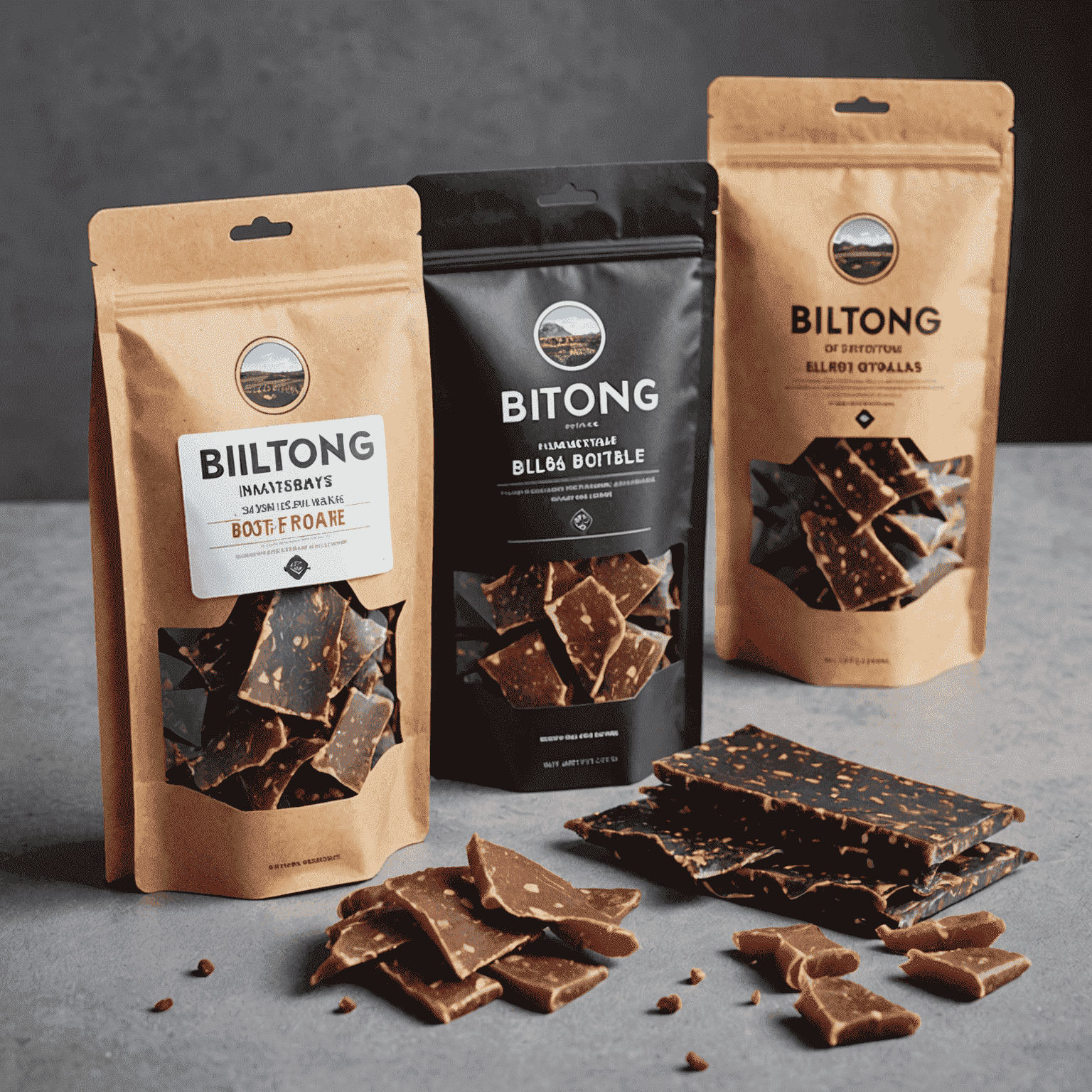 Various types of innovative biltong packaging, including resealable bags, vacuum-sealed packs, and eco-friendly options