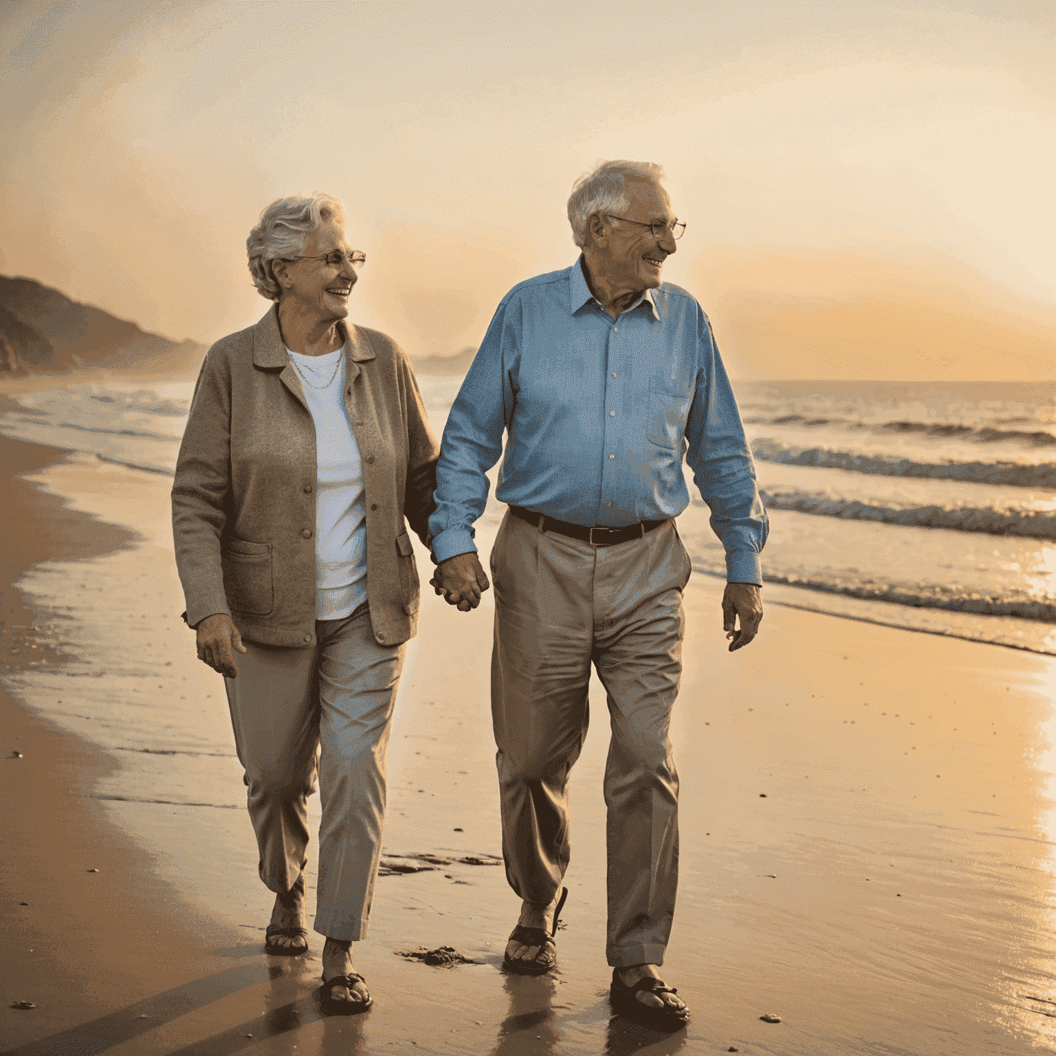 An elderly couple enjoying their retirement by walking on a beach at sunset. They are holding hands and smiling, indicating their financial security and happiness in their golden years.