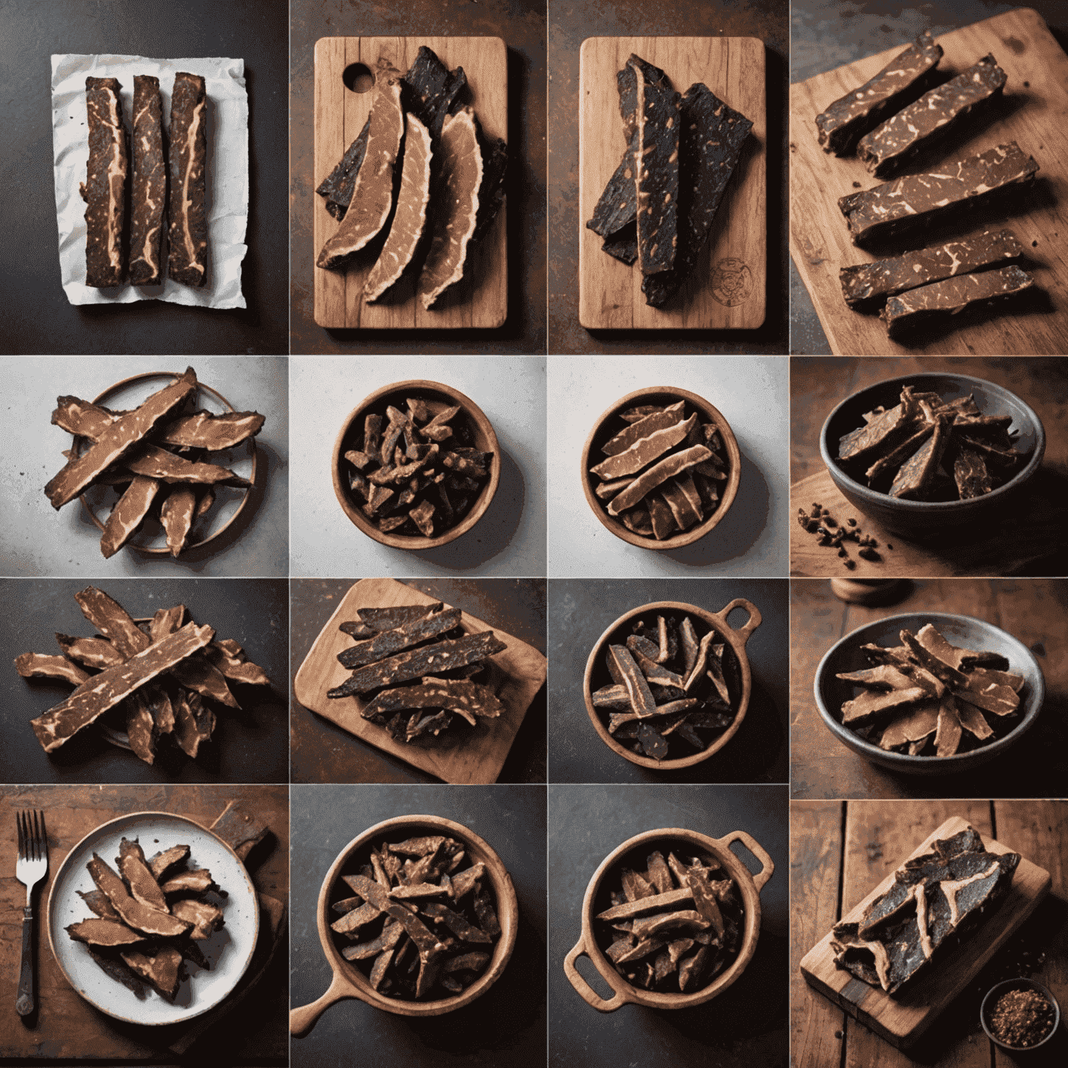 A collage of images showcasing the history and evolution of biltong in South African cuisine, from traditional drying racks to modern packaging.