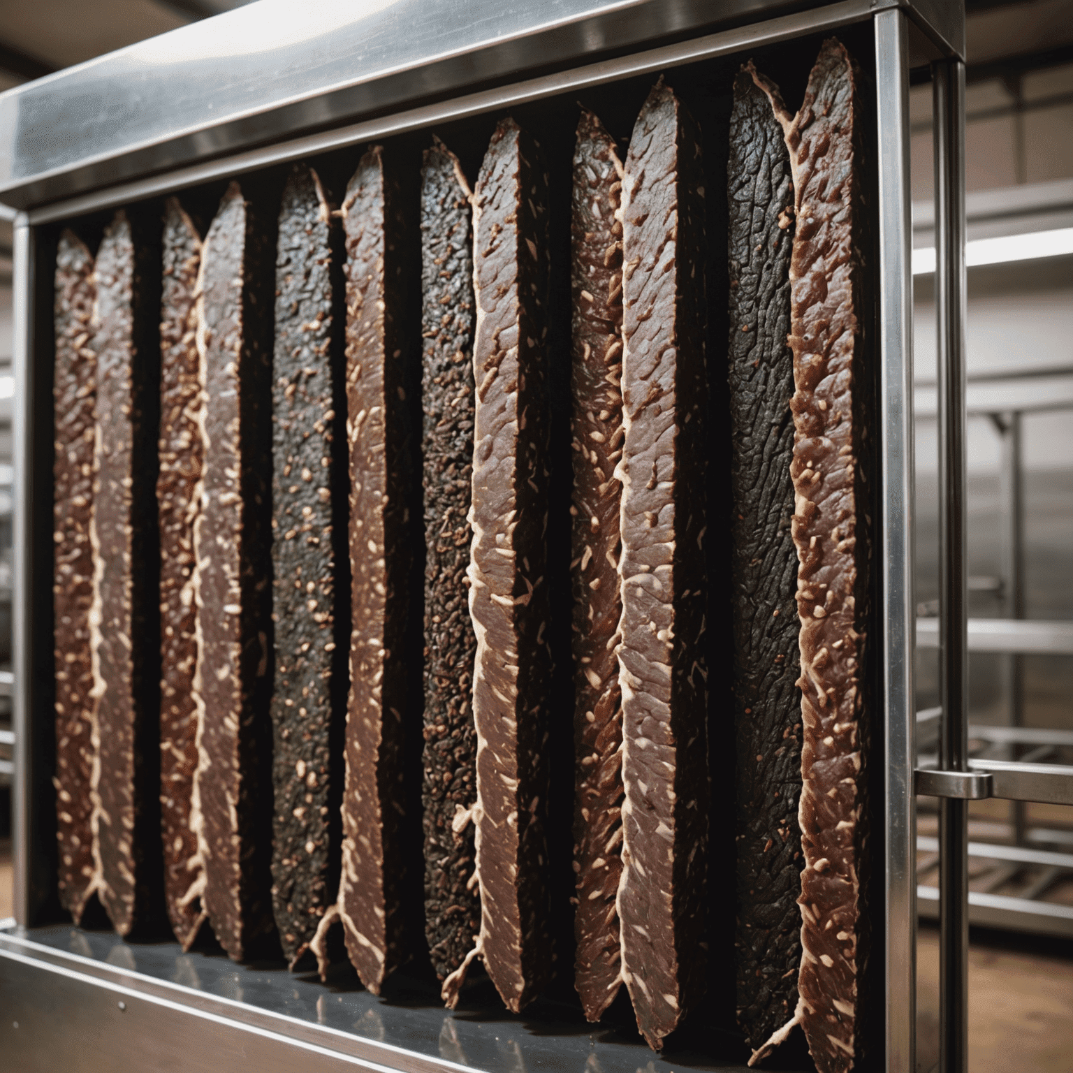 Side-by-side images comparing traditional biltong drying methods using natural air and sunlight with modern production facilities utilizing controlled temperature and humidity.