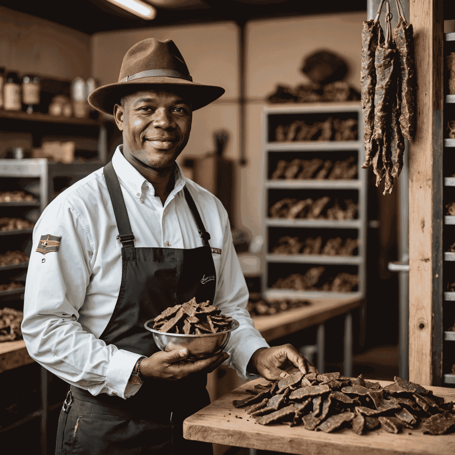 Portraits of successful biltong entrepreneurs in South Africa, showcasing their products and facilities.